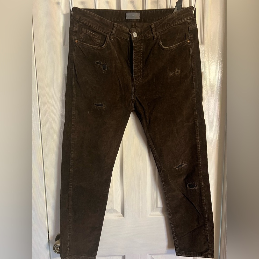 EUC Zara Man Lightly Distressed Chocolate Brown Corduroy Pants 36- Slim Fit
